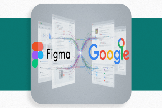 تصویری از ادغام برندهای Figma و Google با لوگوهایشان، نمایشدهنده ارتباط بین صفحات وب و ابزارهای طراحی، با پسزمینهای سبز و متنی به زبان فارسی در بالا.
